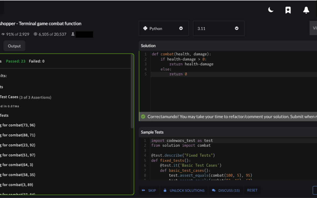 “Grasshopper: Terminal game combat function” – Codewars